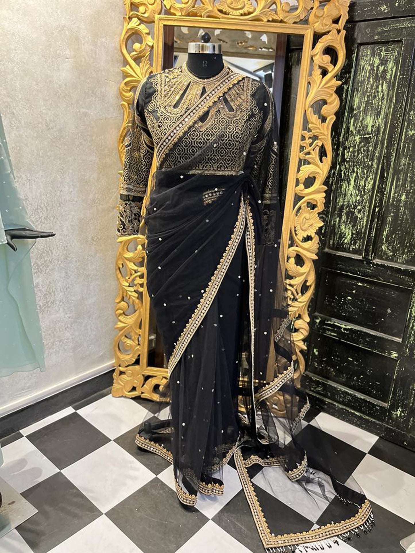 Black and Gold Embroidered Organza Party Wear Saree