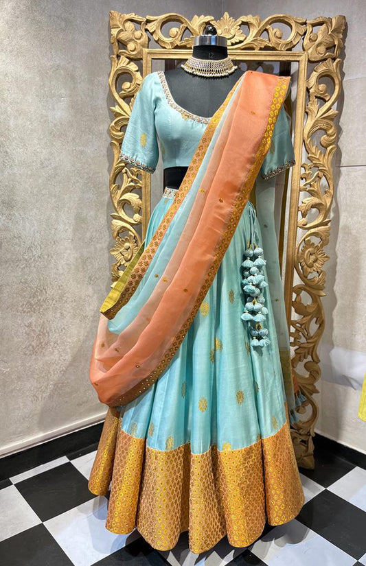 Blue and Orange Hand Woven Assam Silk Bridal Lehenga