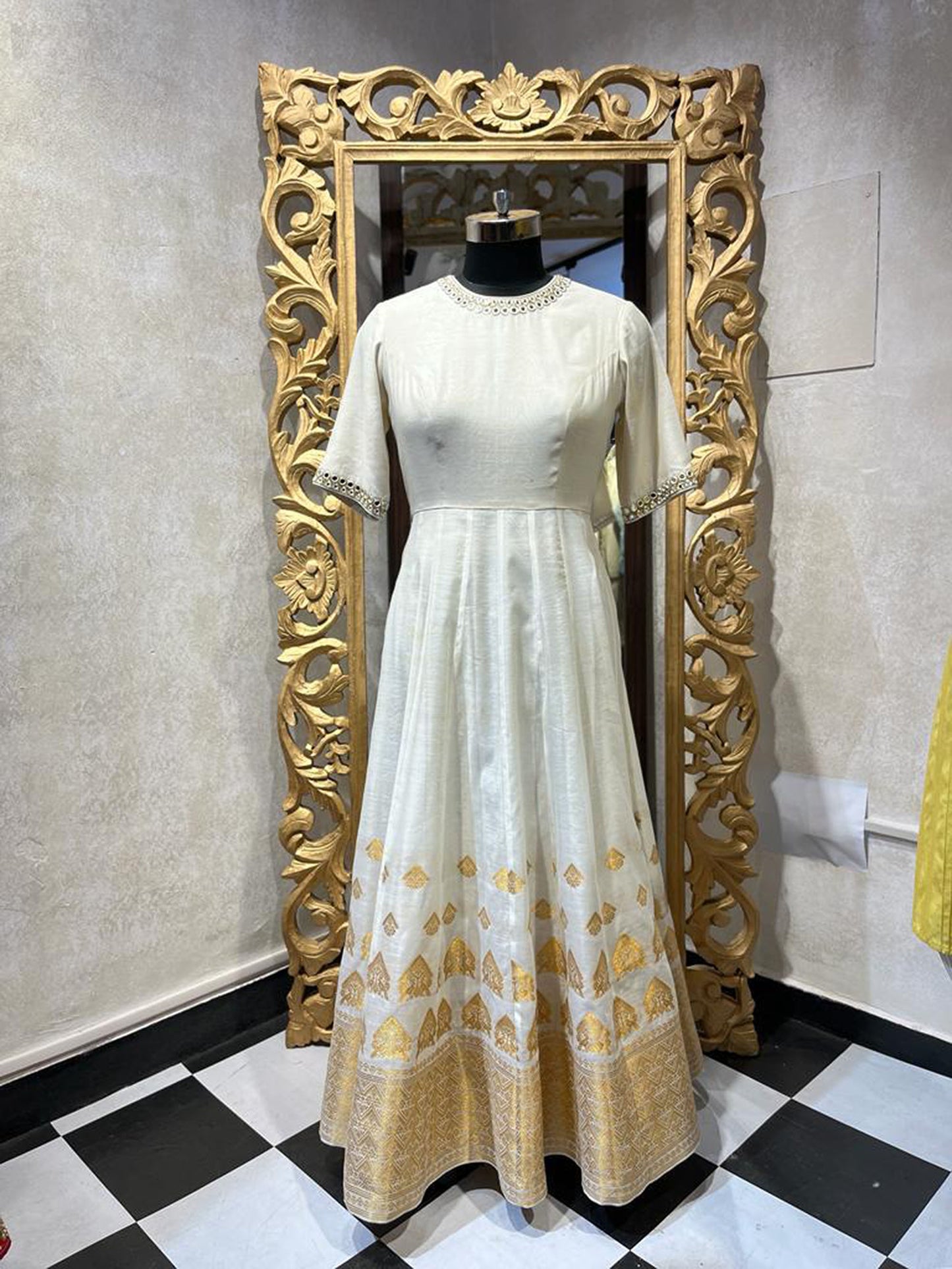 White and Gold Hand Woven Assam Silk Anarkali