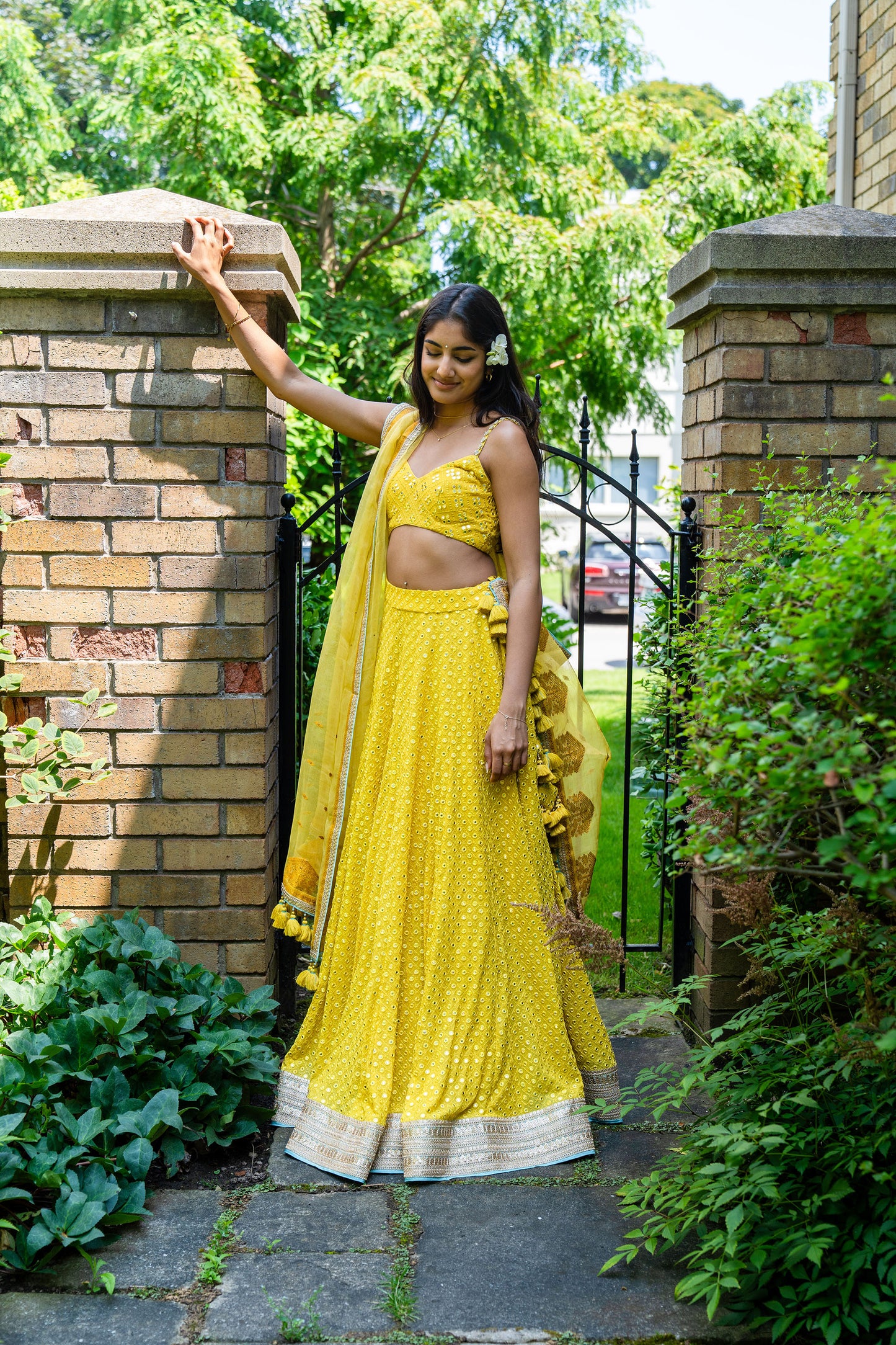 Yellow Mirror Work Georgette & Assam Hand Woven Bridesmaid Lehenga