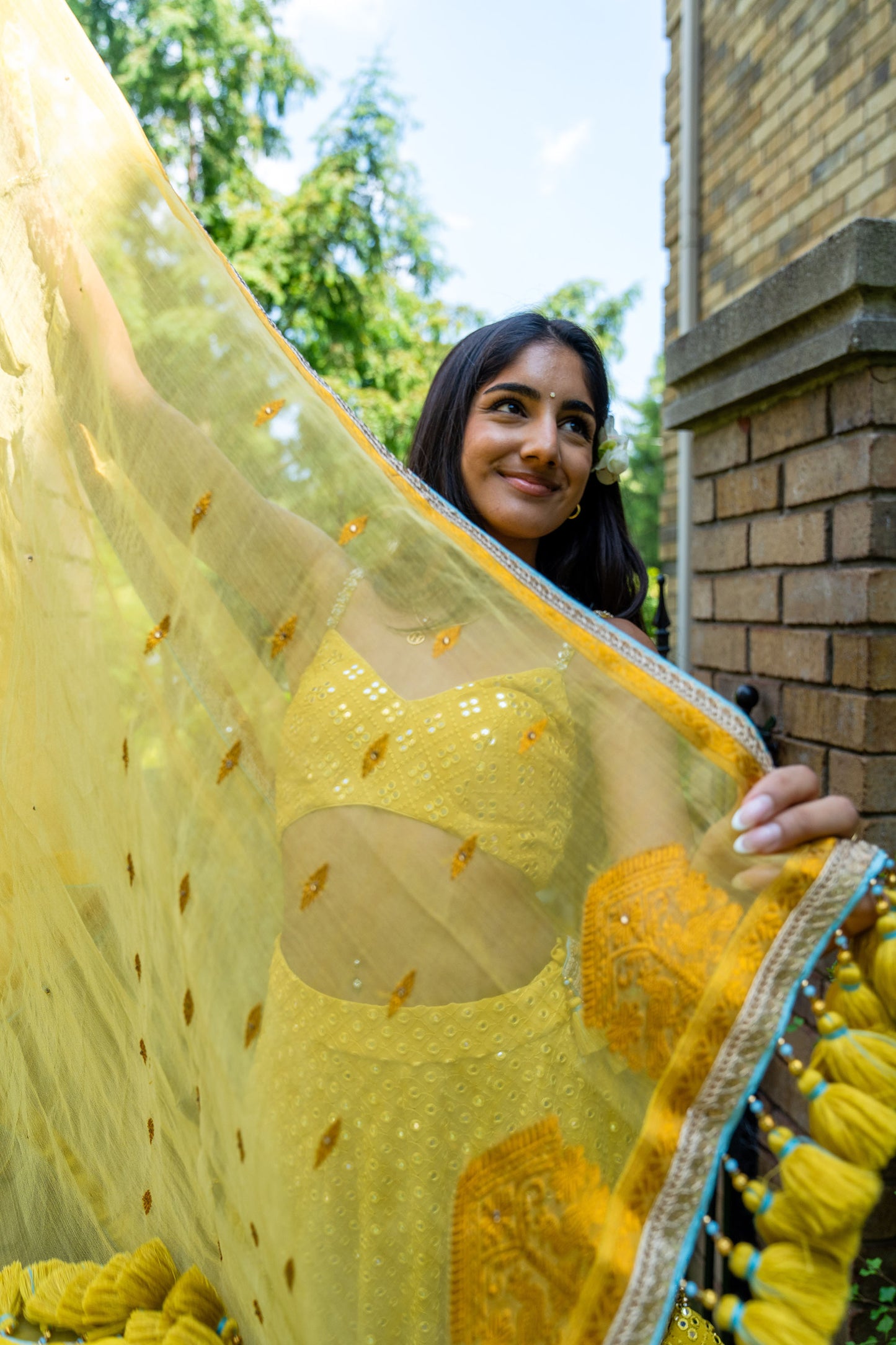 Yellow Mirror Work Georgette & Assam Hand Woven Bridesmaid Lehenga