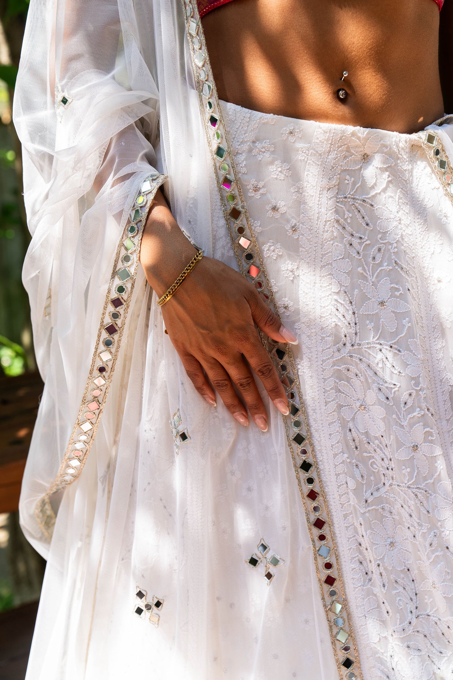 White and Pink Lucknowi Work Georgette & Assam Handwoven Lehenga