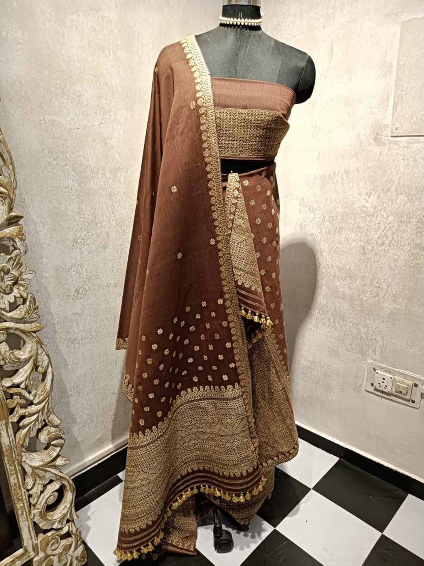 Brown Hand Woven Assam Silk Mekhela Chador