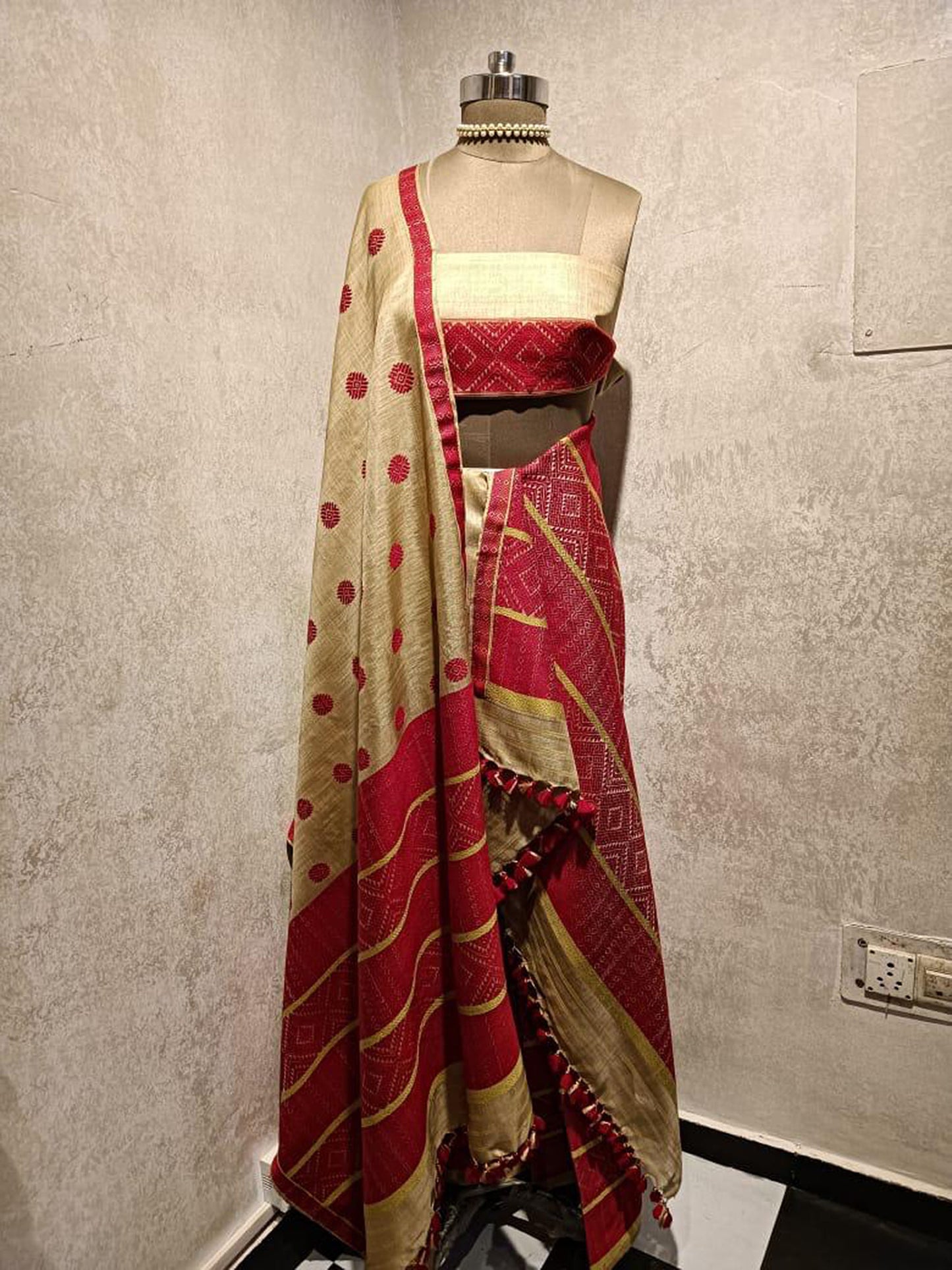 Gold and Red Hand Woven Assam Silk Mekhela Chador