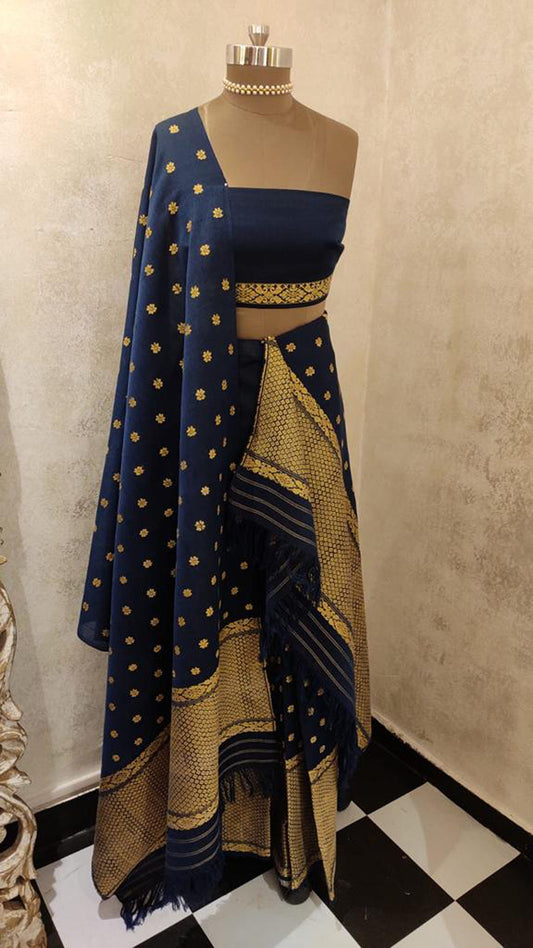 Midnight Blue Hand Woven Assam Silk Mekhela Chador