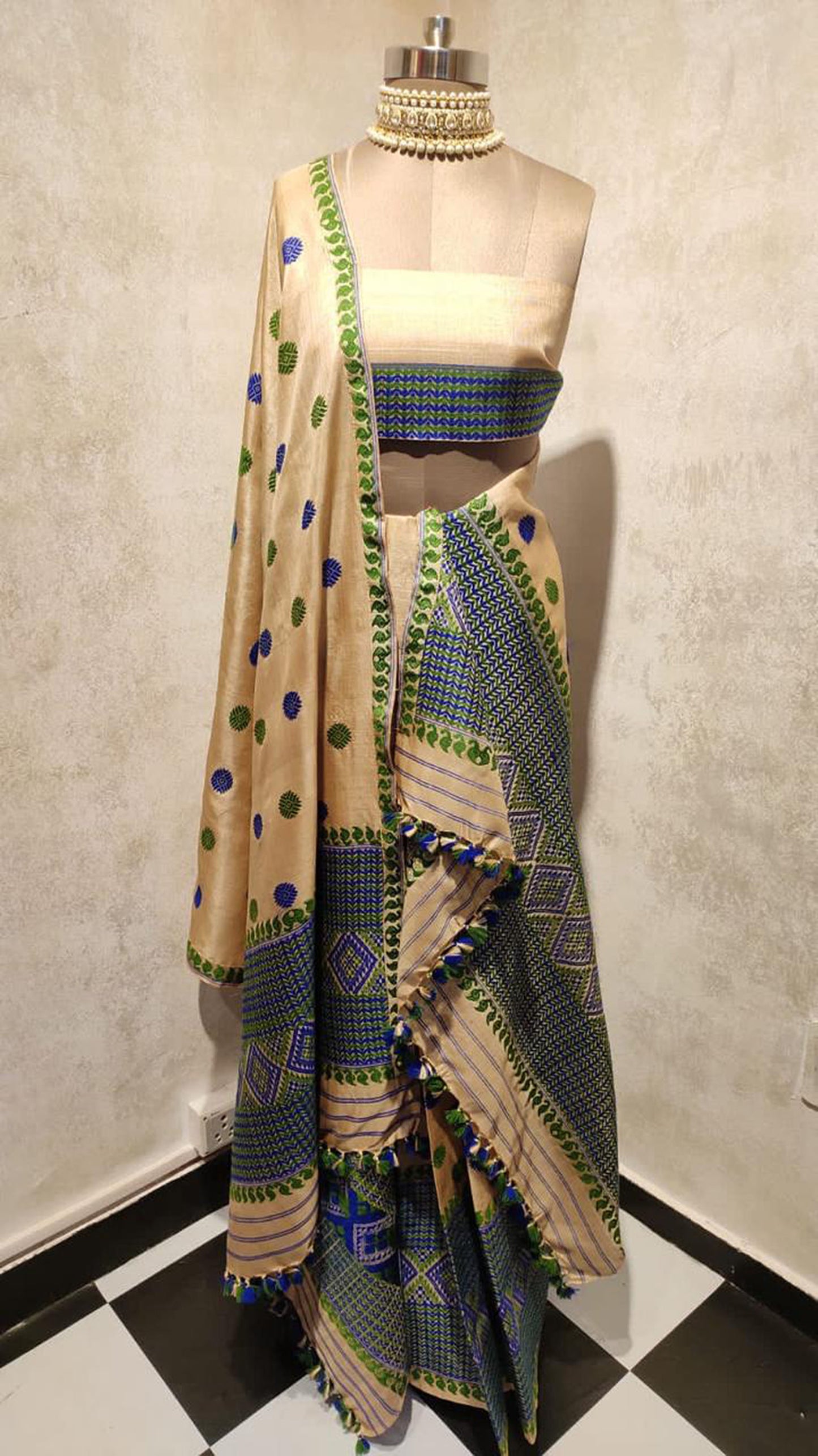 Gold and Blue Hand Woven Assam Silk Mekhela Chador