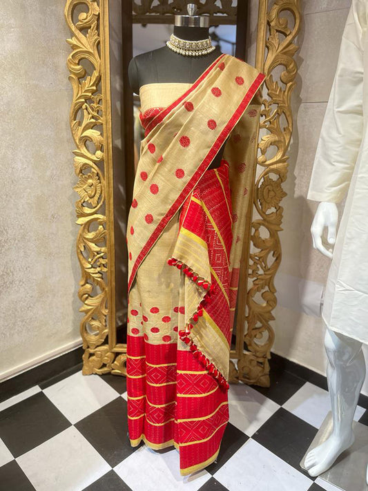 Red and Gold Hand Woven Assam Silk Mekhela Chador