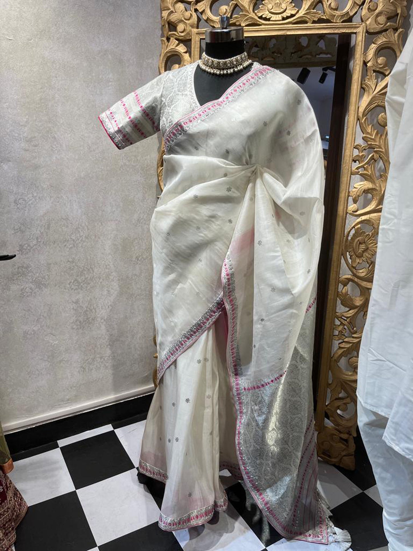 White and Pink Border Assam Silk Mekhela Chador