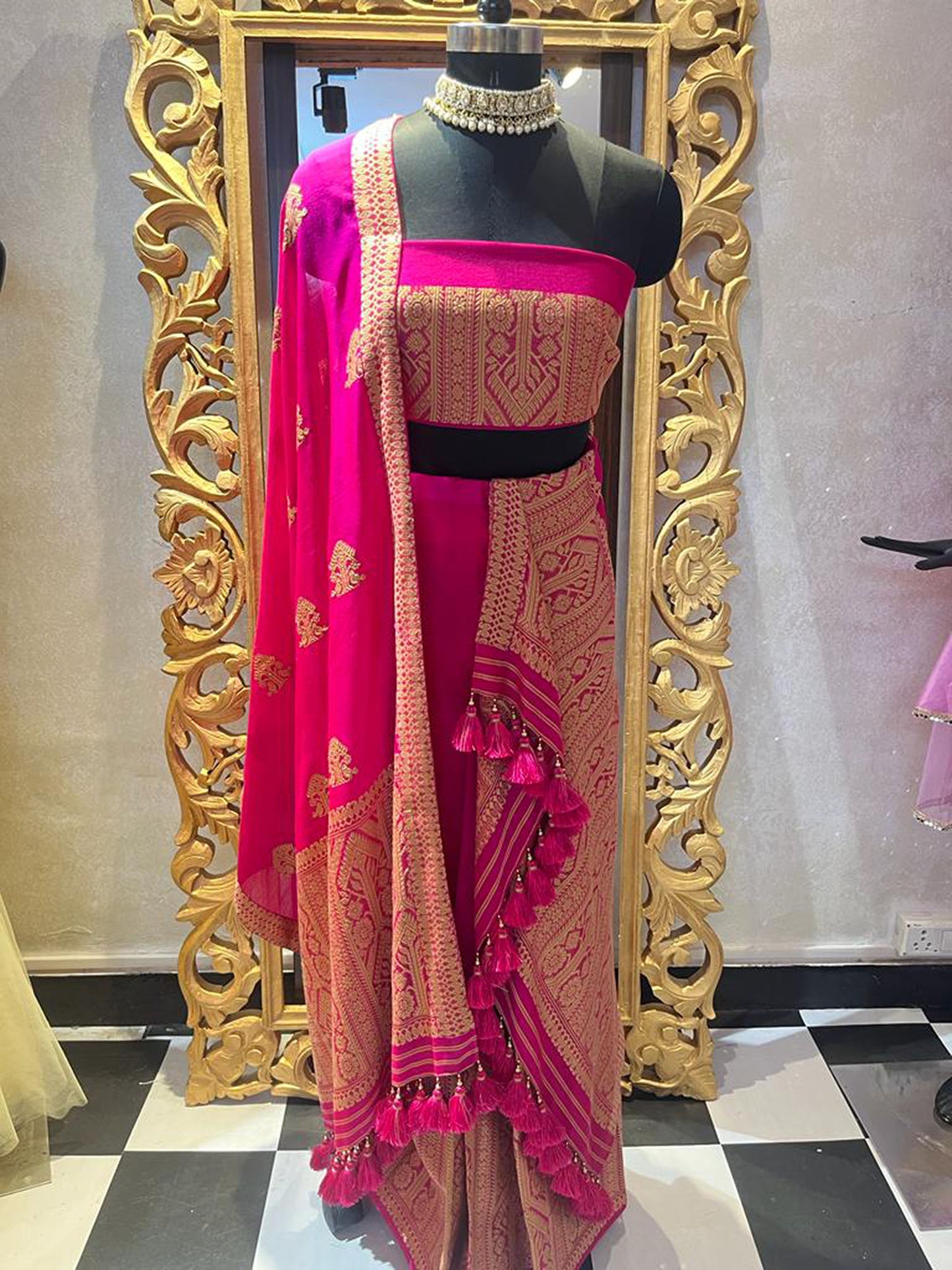 Hot Pink Hand Woven & Motifs Assam Silk Mekhela Chador