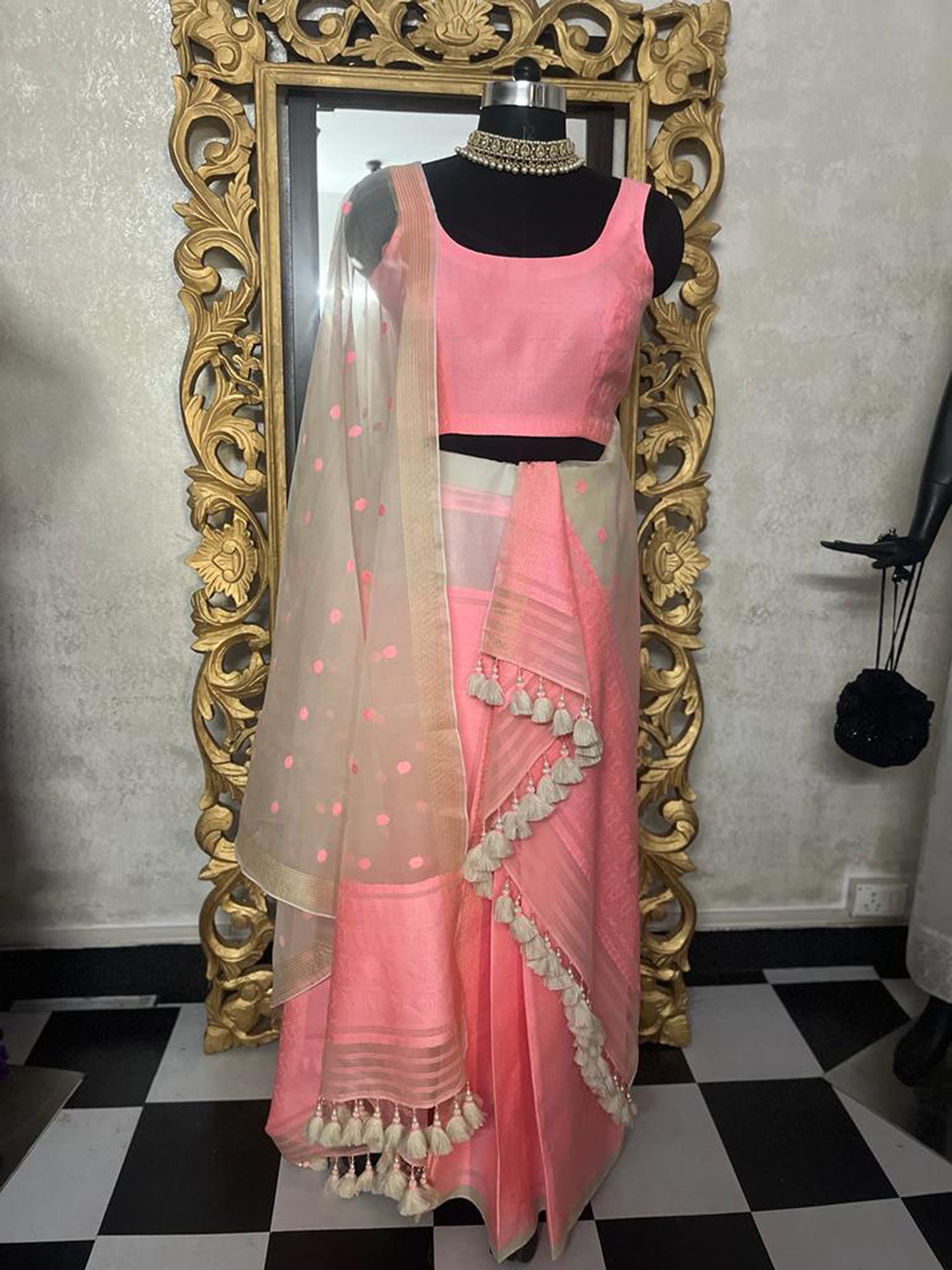 White & Neon Pink Hand Woven Assam Silk Mekhela Chador