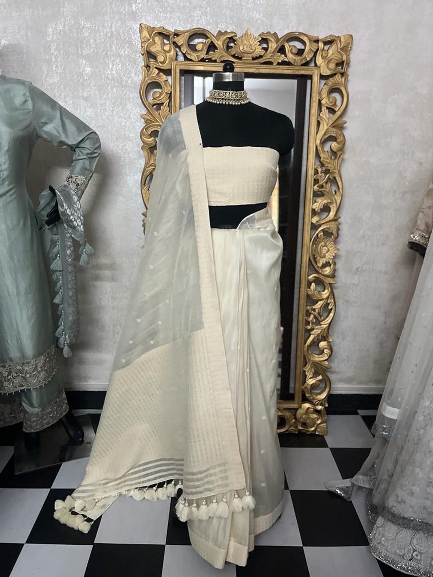 White Hand Woven & Motifs Assam Silk Mekhela Chador