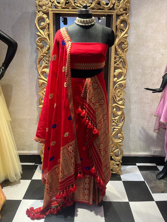 Red Hand Woven & Motifs Assam Silk Mekhela Chador