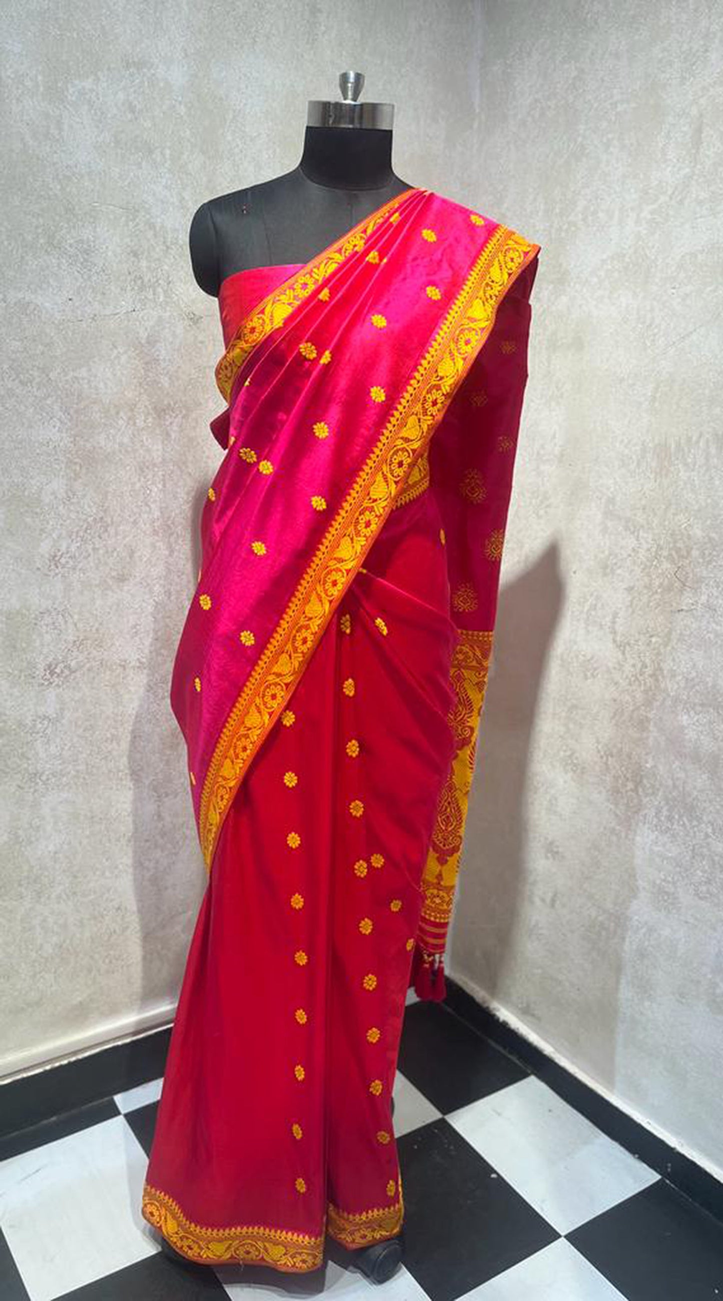 Hot Pink Hand Woven Assam Silk Saree