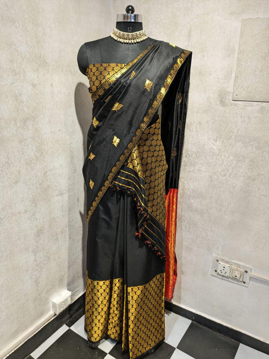 Black Hand Woven & Motifs Assam Silk mekhela Chador