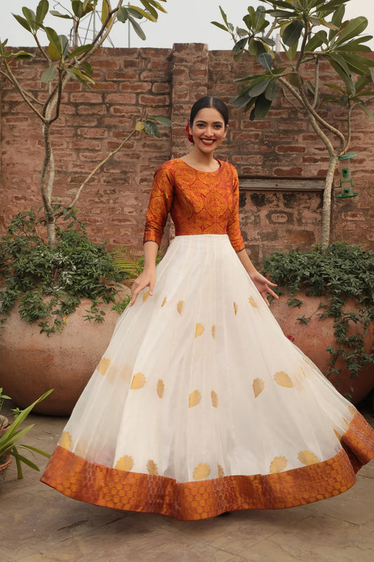 Ivory and Red Zari Buta Hand Woven Assam Silk Anarkali