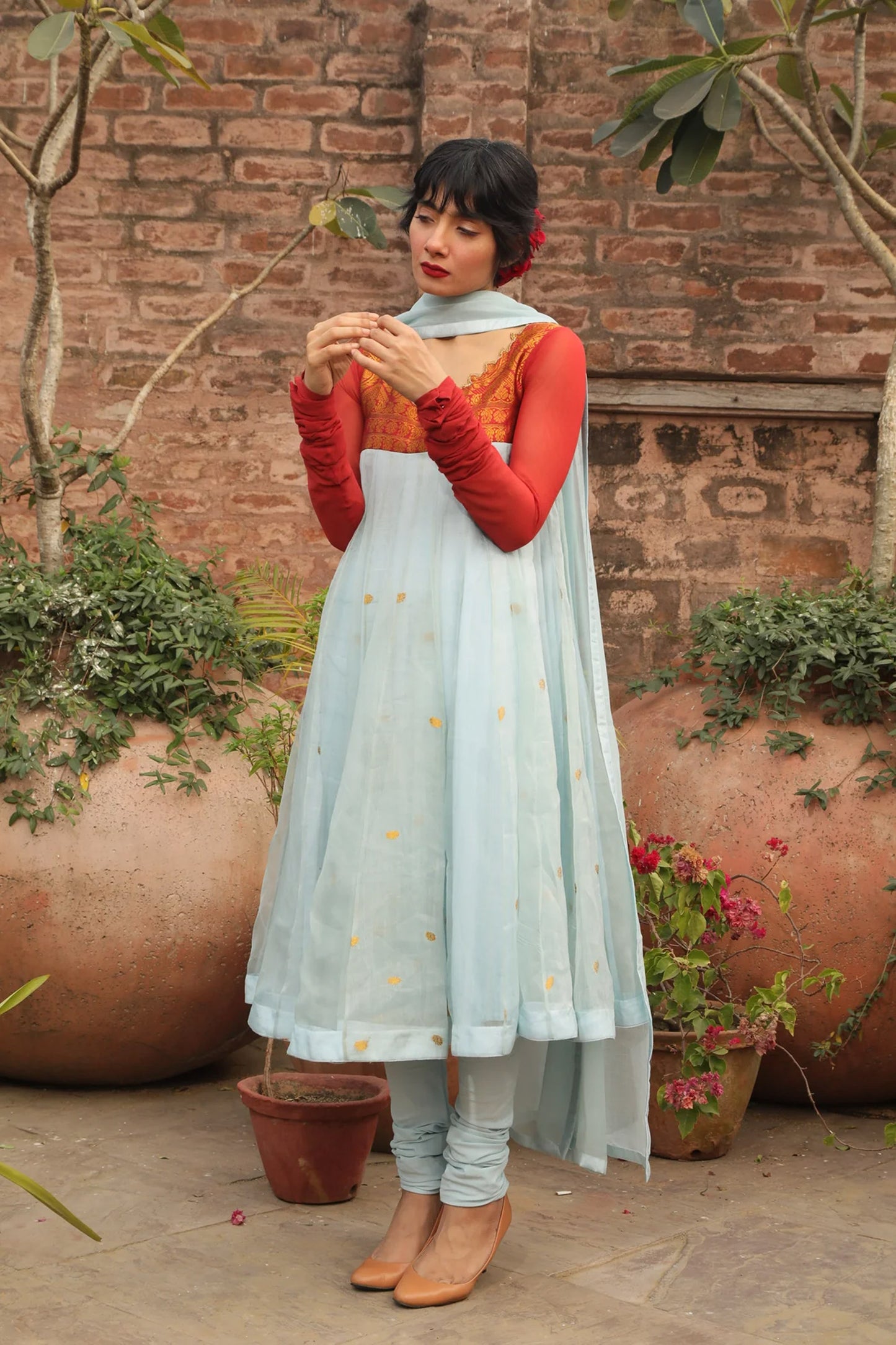 Red and Blue Hand Woven Assam Silk Flared Anarkali