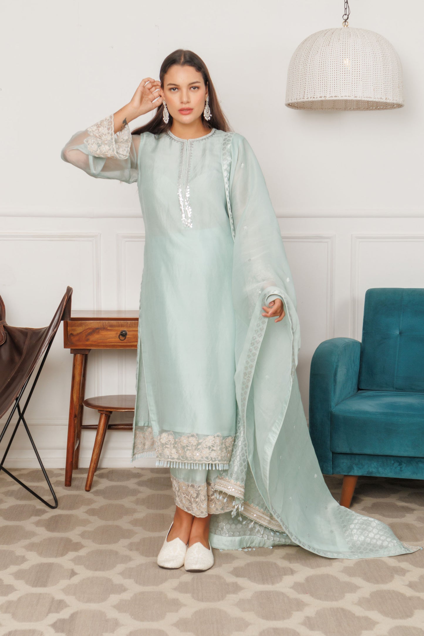 Frosty Blooms Mint Green Assam Silk Hand woven Kurta set