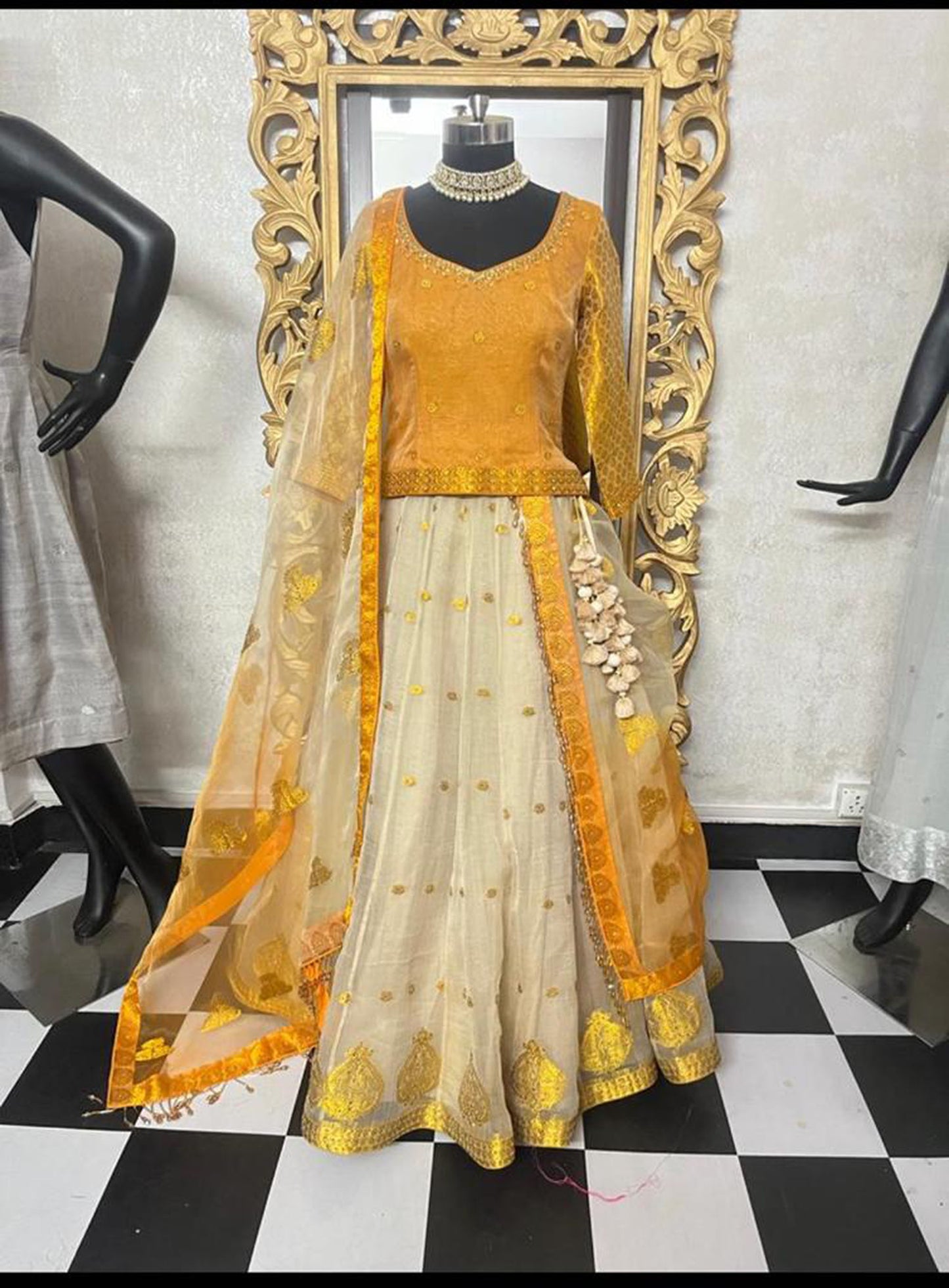 White and Saffron Hand Woven Assam Silk Lehenga