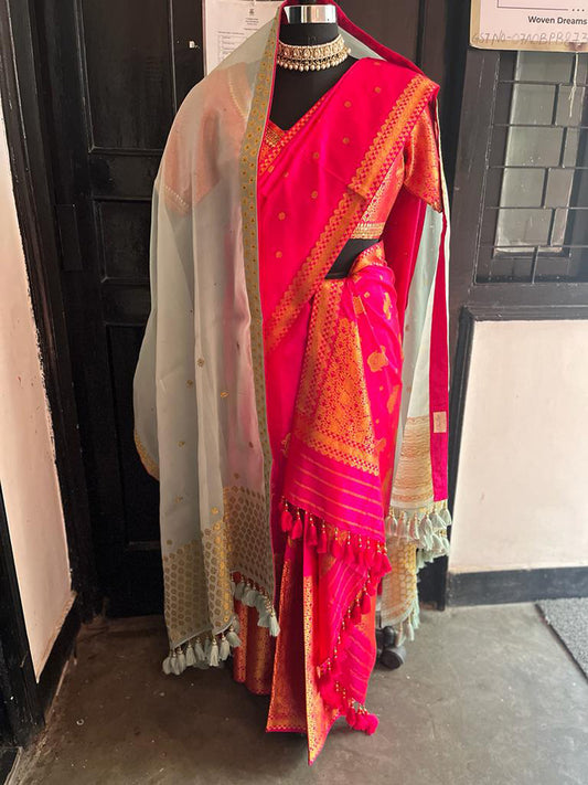 Hot Pink Hand Woven Assam Silk Mekhela Chadar