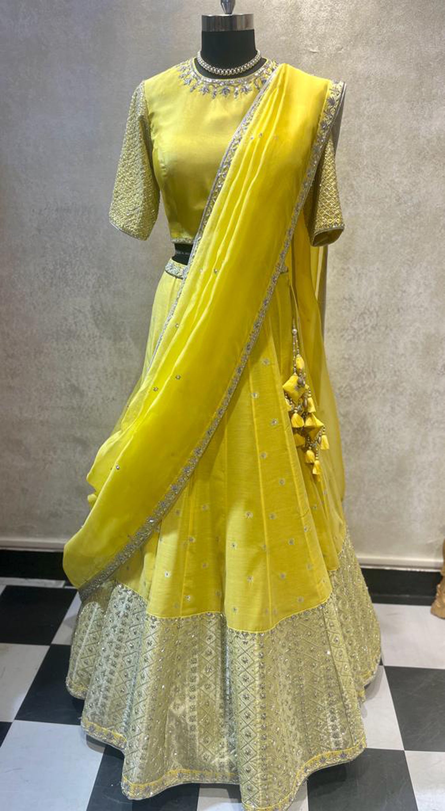 Yellow Zardozi Work Hand Woven Assam Silk Lehenga