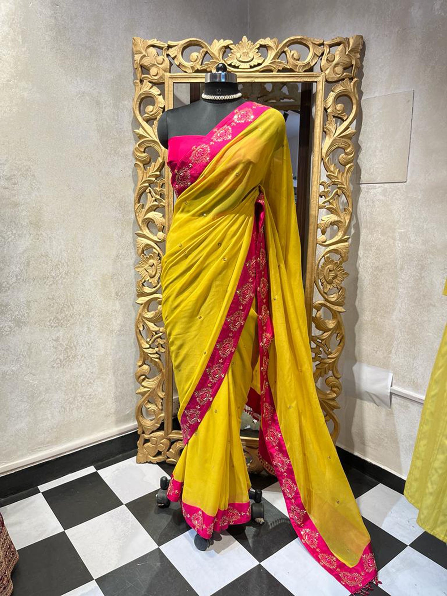 Yellow Zardozi Work Georgette Saree