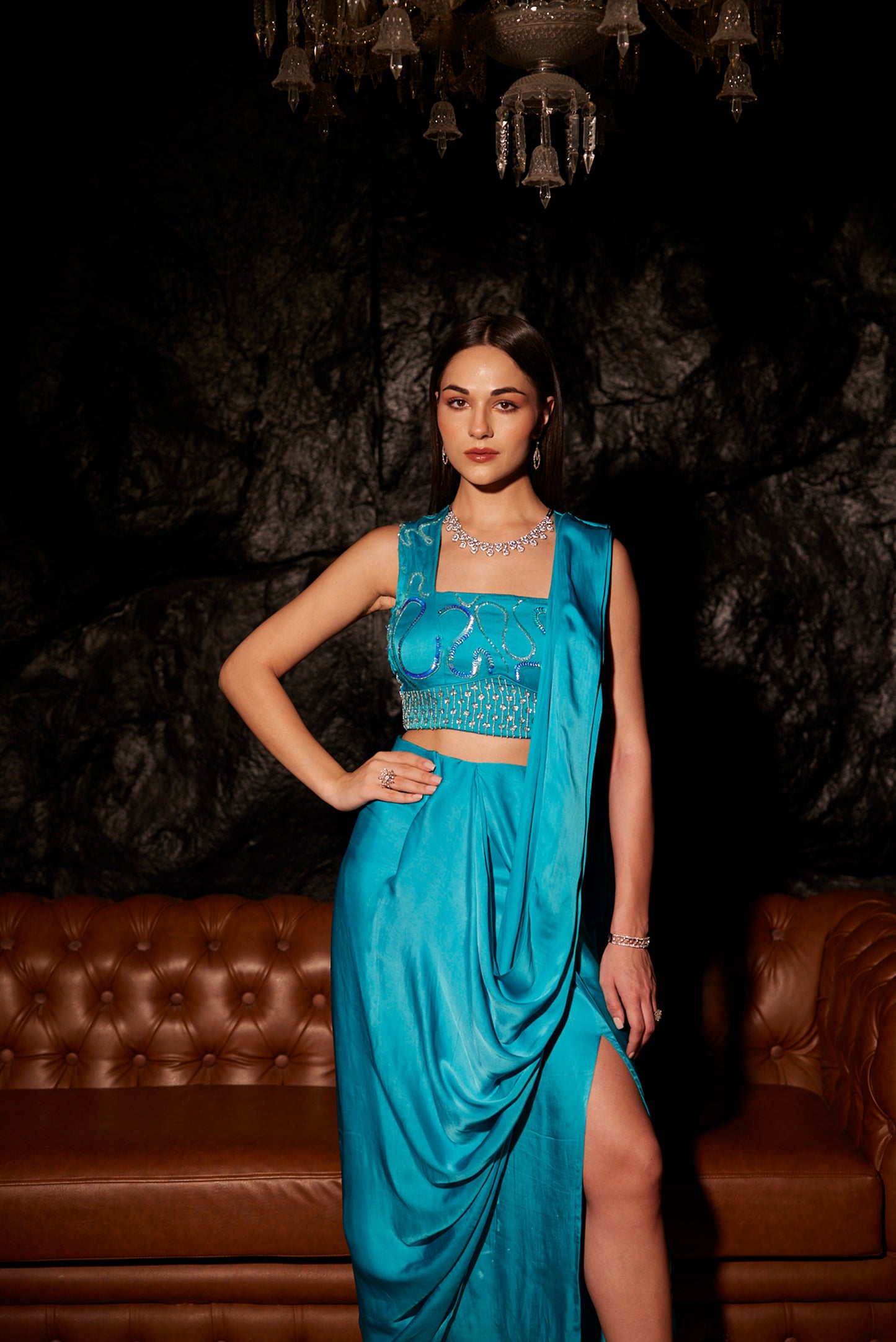 Aqua Blue Georgette Floraison saree