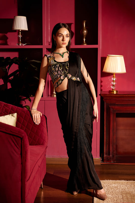 Twilight Ruffle Satin Floraison Saree