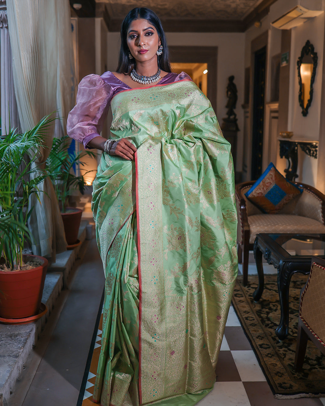 Light Green Katan Pure Silk Handwoven Saree - Panaya