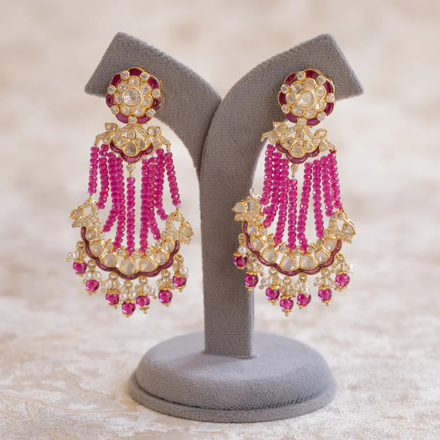 Pink and Gold Ghoomar Moissanite Polki Silver Earrings