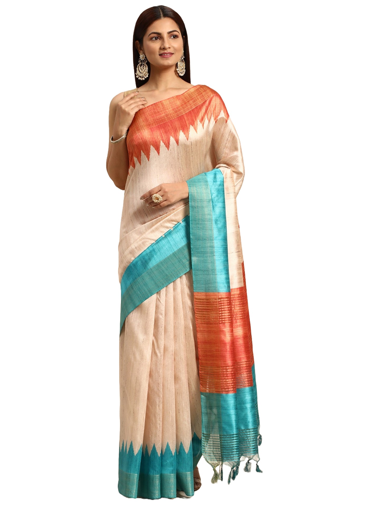 Firozi Tussar Silk saree with Temple Border