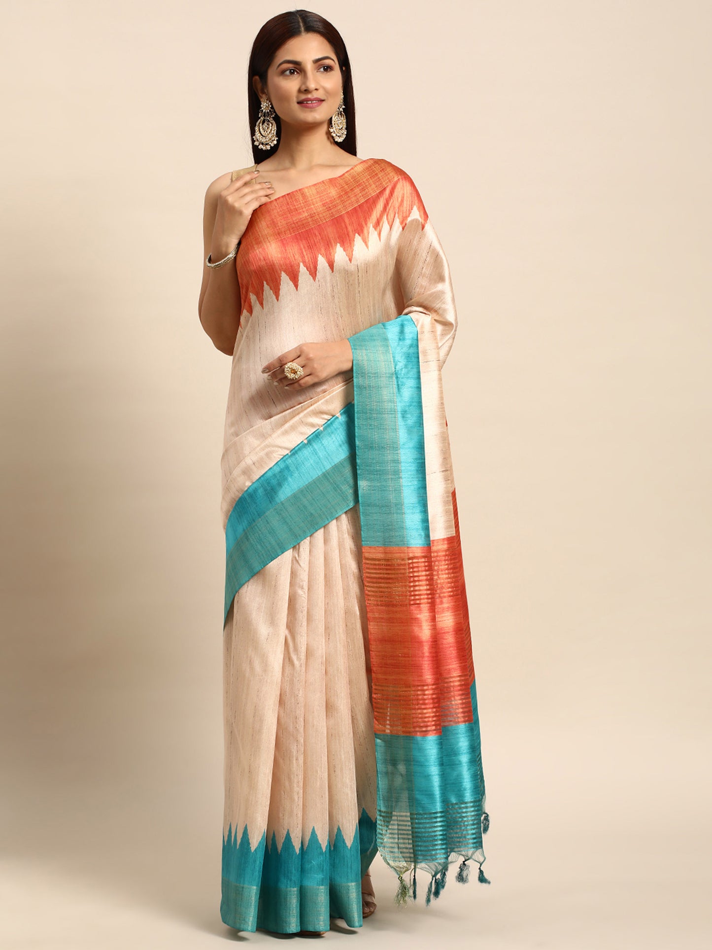 Firozi Tussar Silk saree with Temple Border