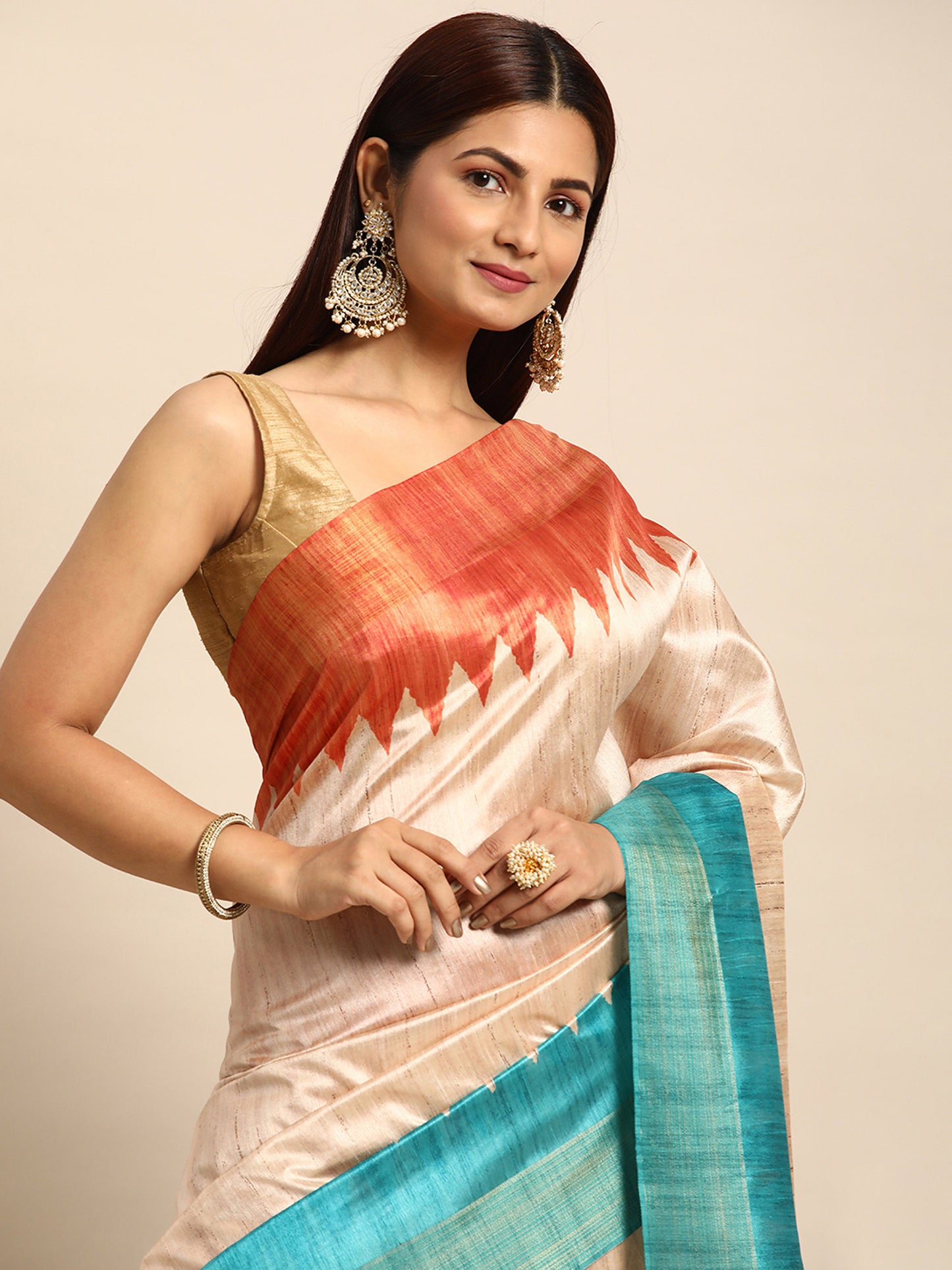 Firozi Tussar Silk saree with Temple Border