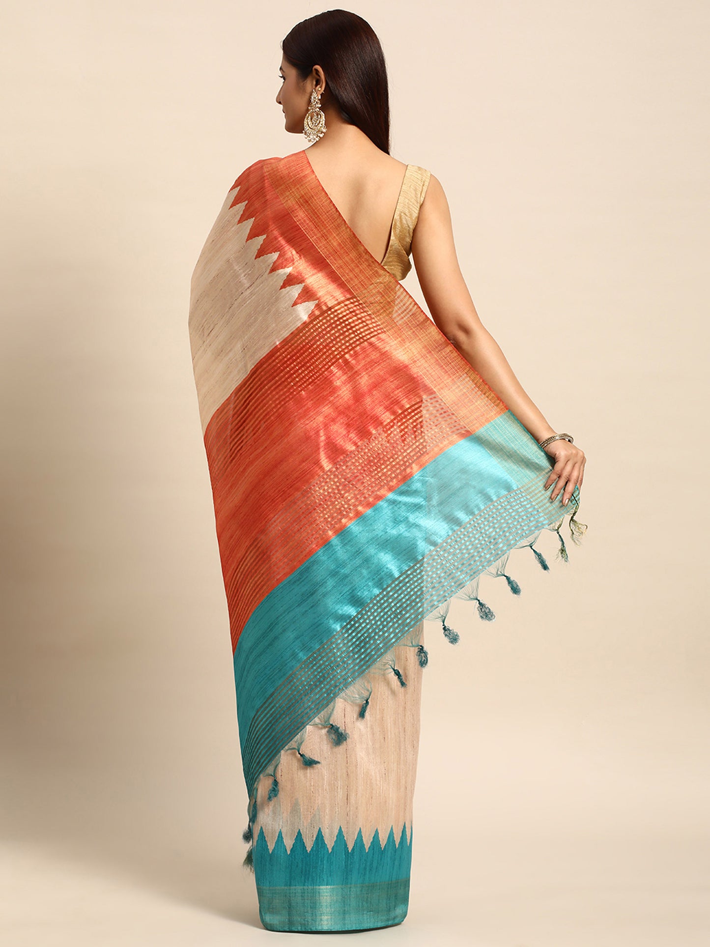 Firozi Tussar Silk saree with Temple Border