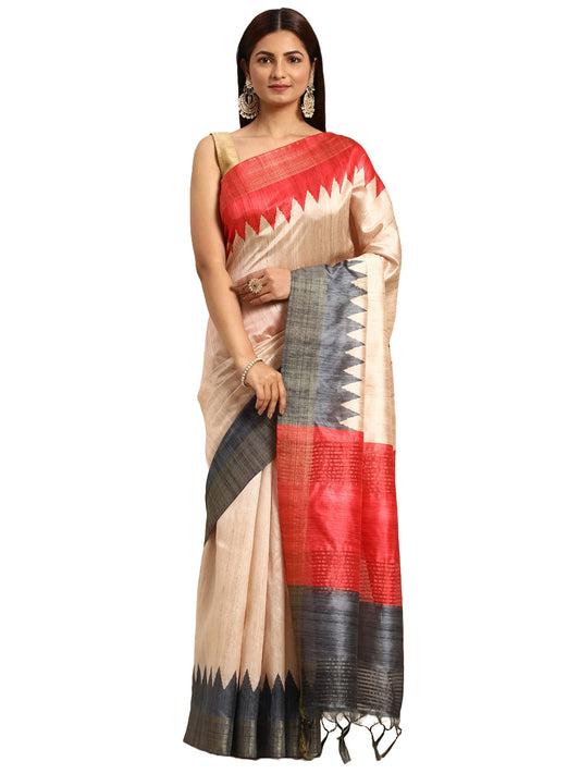 Grey Tussar Silk saree with Temple Border