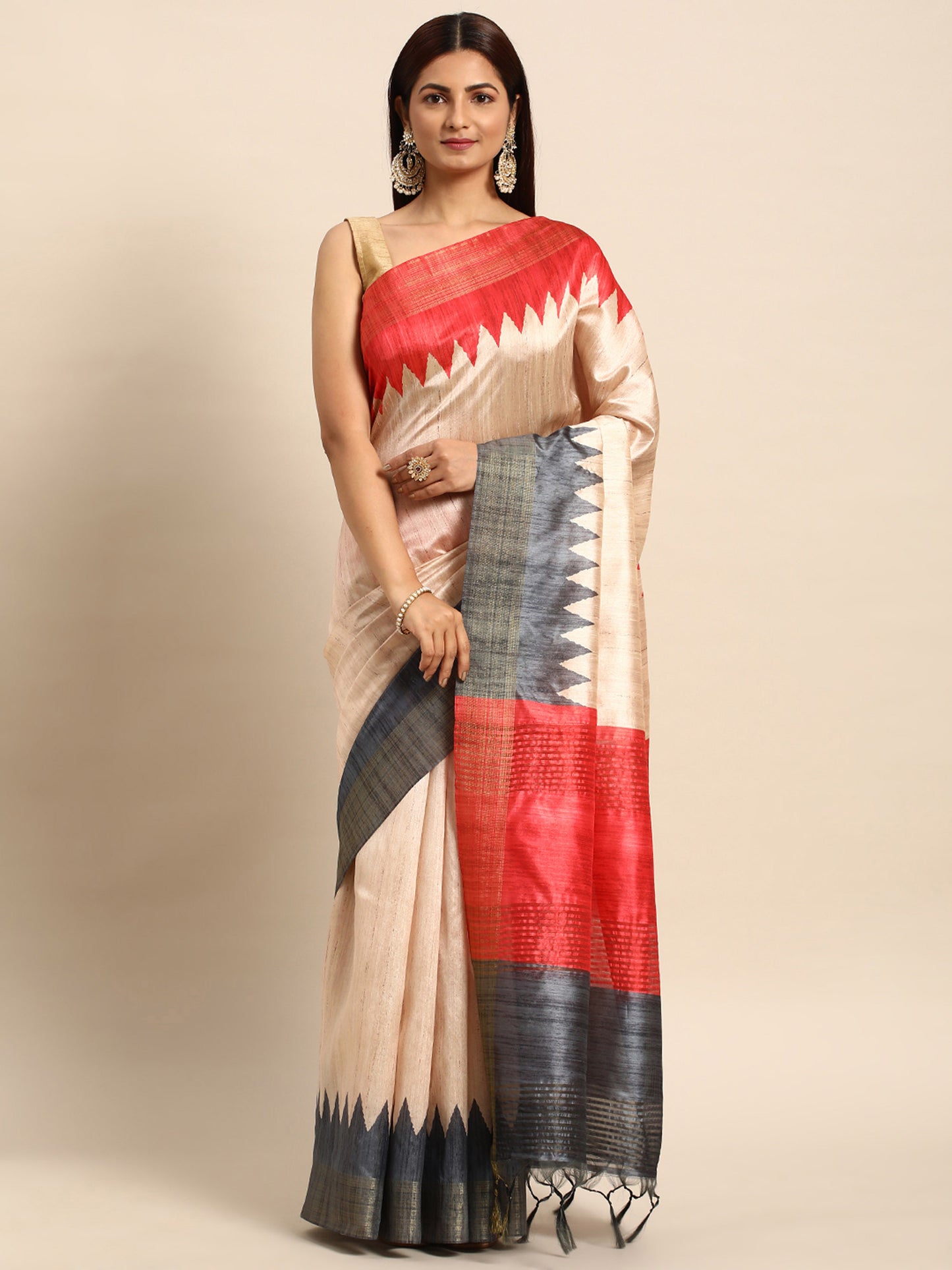 Grey Tussar Silk saree with Temple Border