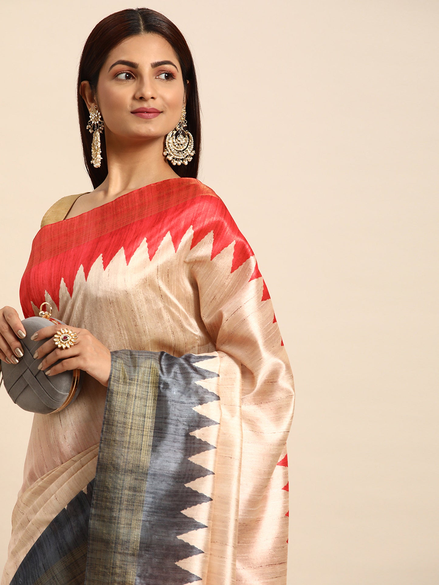 Grey Tussar Silk saree with Temple Border