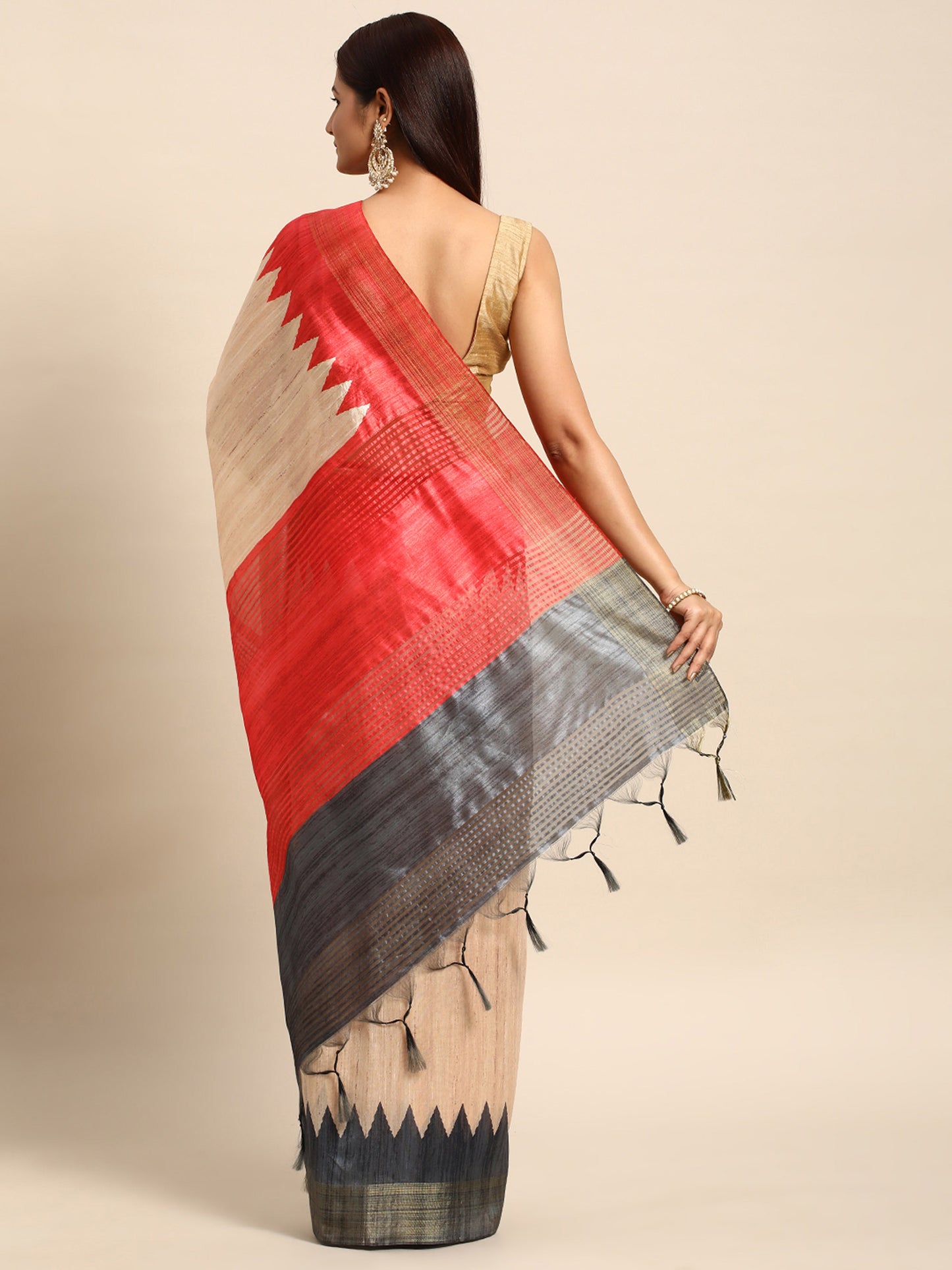 Grey Tussar Silk saree with Temple Border