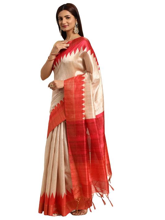 Orange Tussar Silk saree with Temple Border