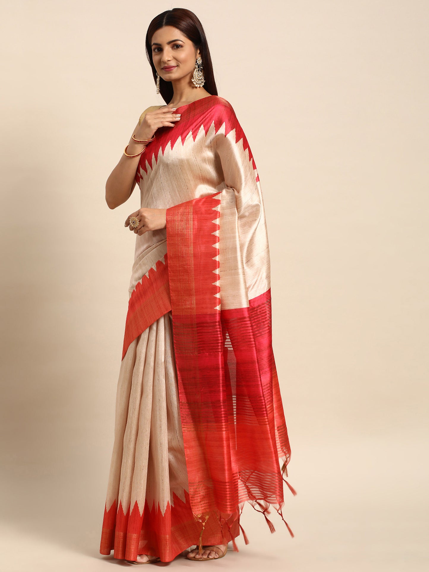 Orange Tussar Silk saree with Temple Border