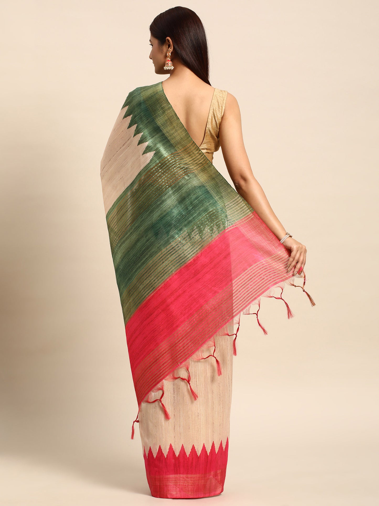 Pink Tussar Silk saree with Temple Border