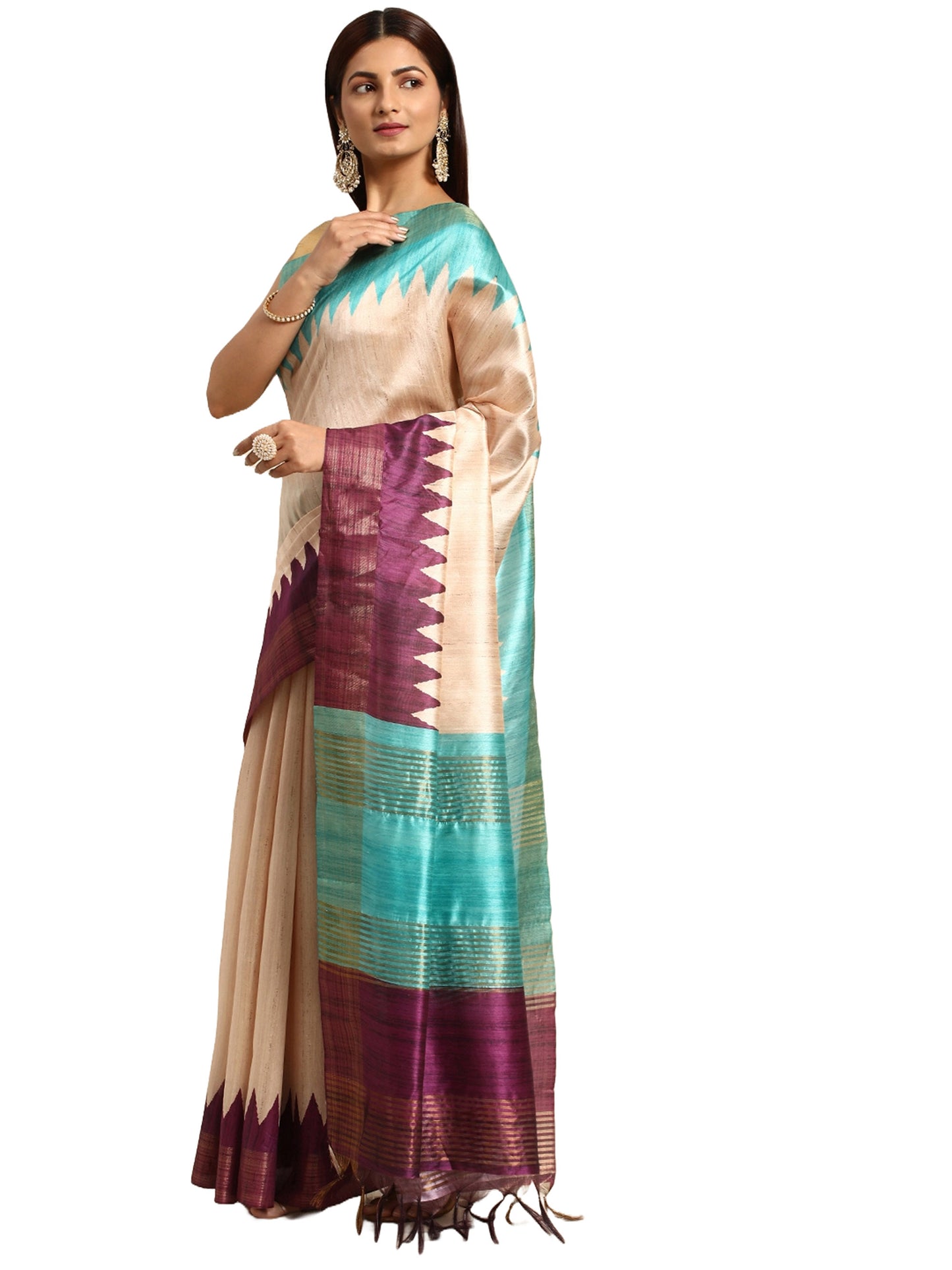 Wine Tussar Silk saree with Temple Border