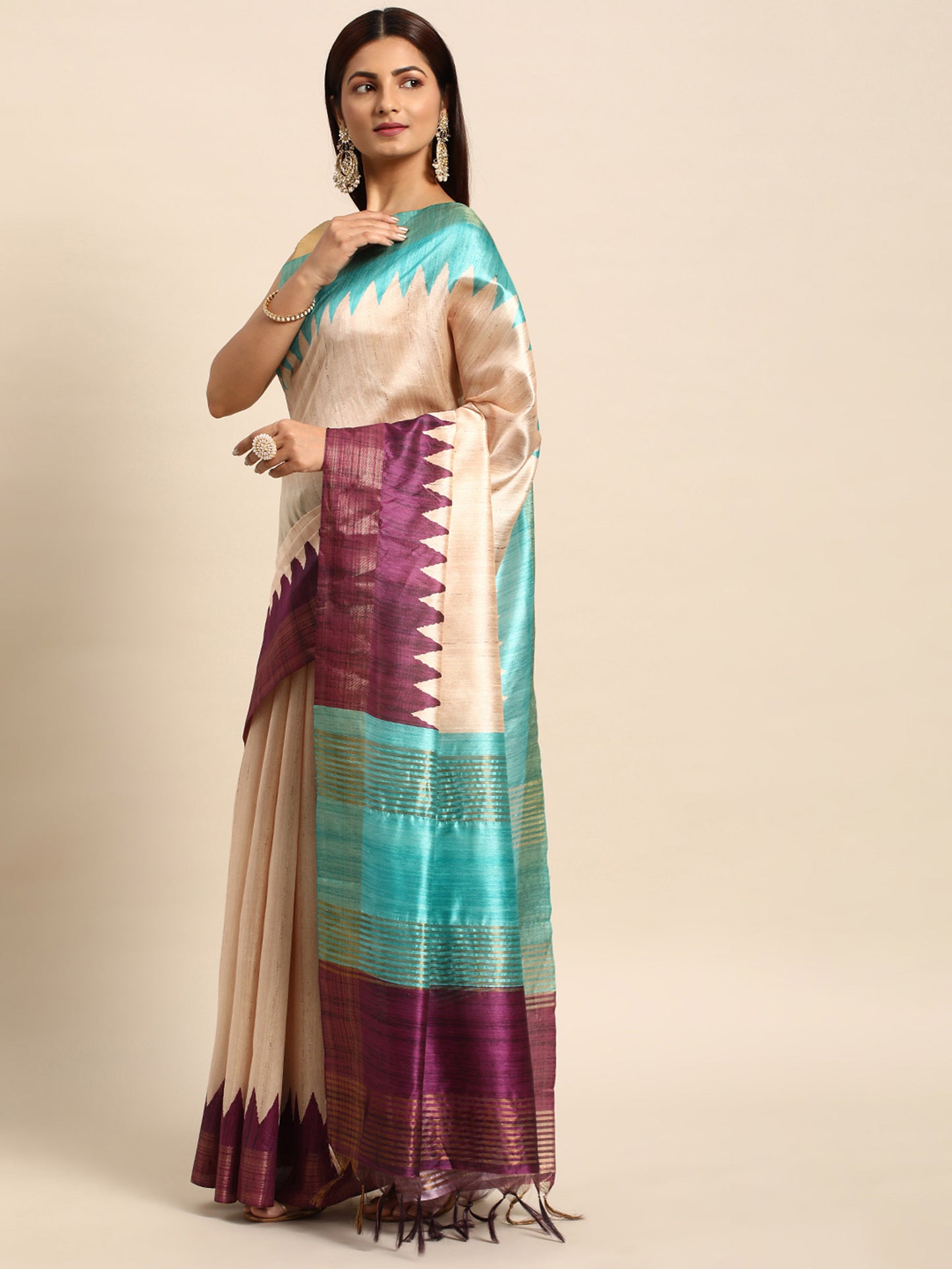 Wine Tussar Silk saree with Temple Border