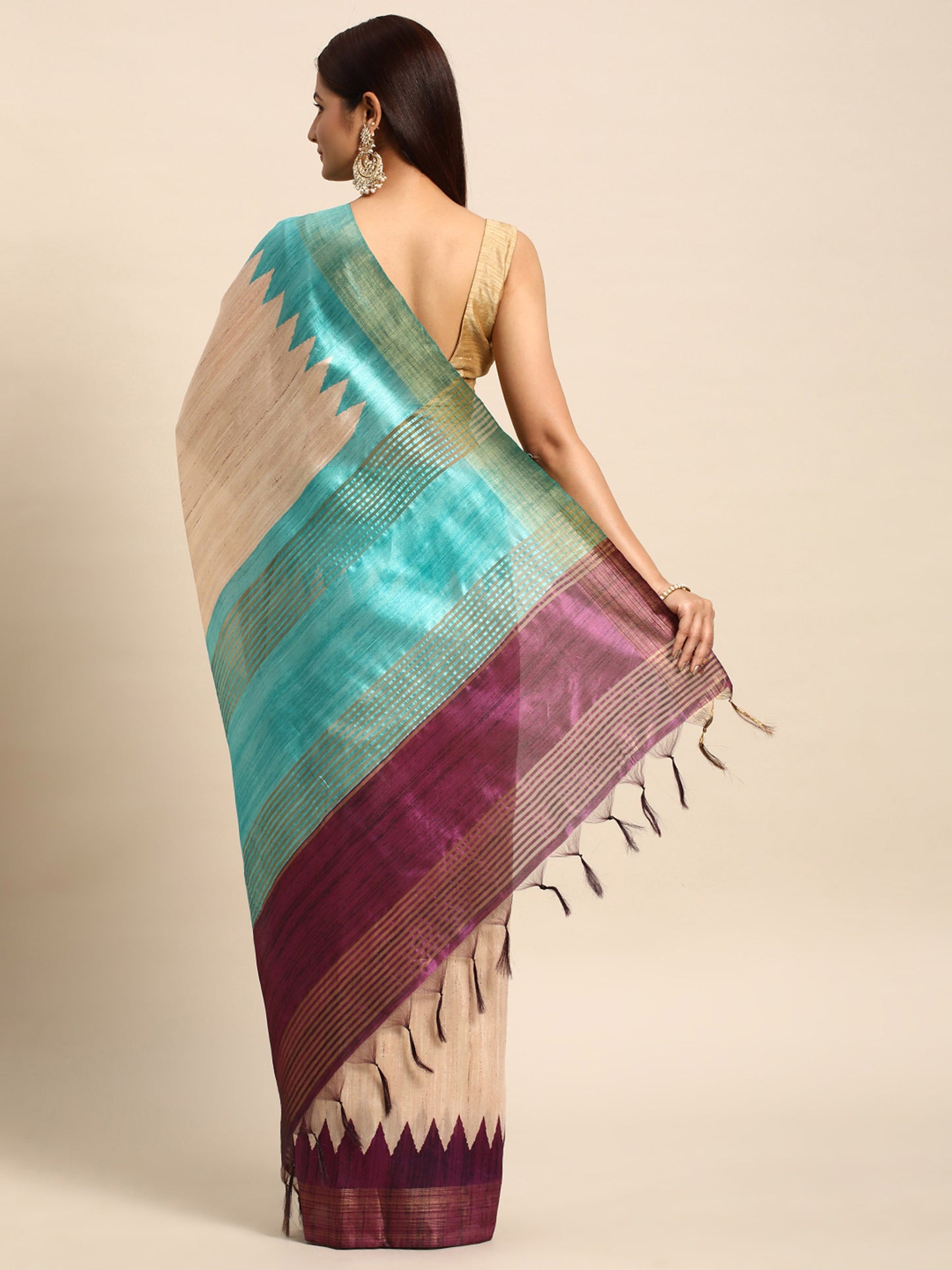 Wine Tussar Silk saree with Temple Border