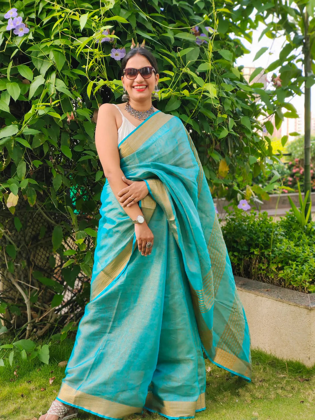 Durva Turquoise handloom Tissue Linen saree