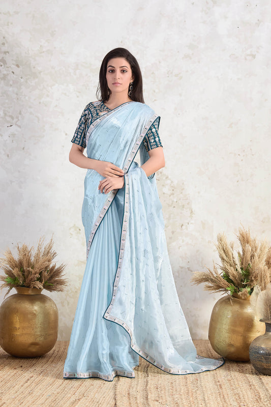 Sky Blue Ishkiya Glass Tissue Silk Saree