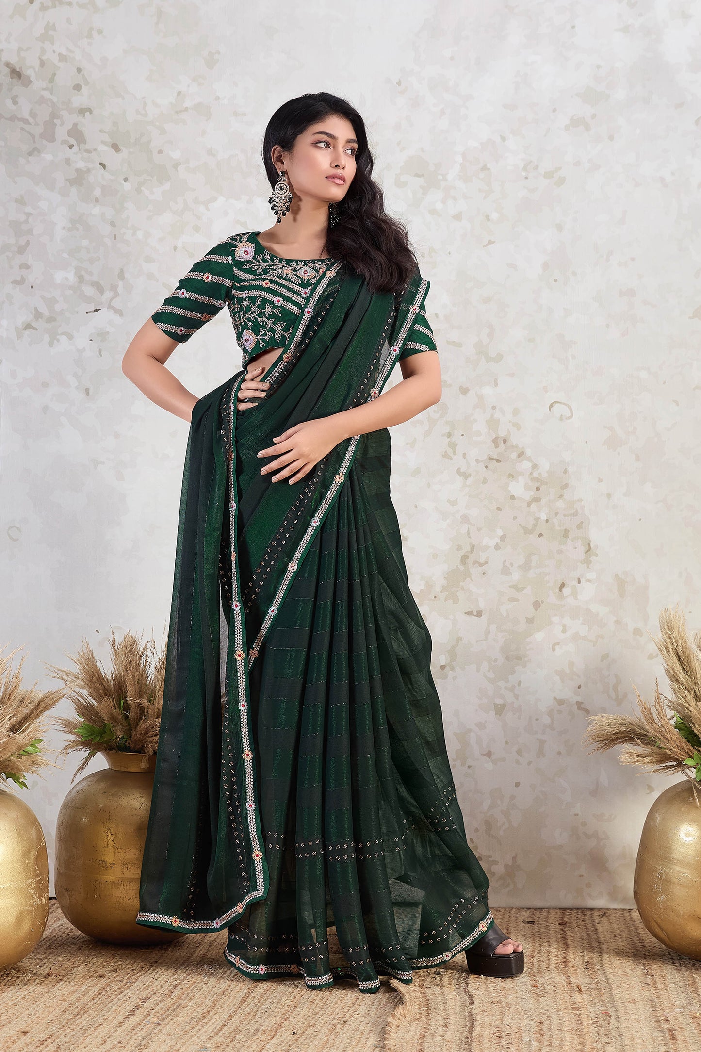 Bottle Green Ishkiya Shimmer Chiffon Saree