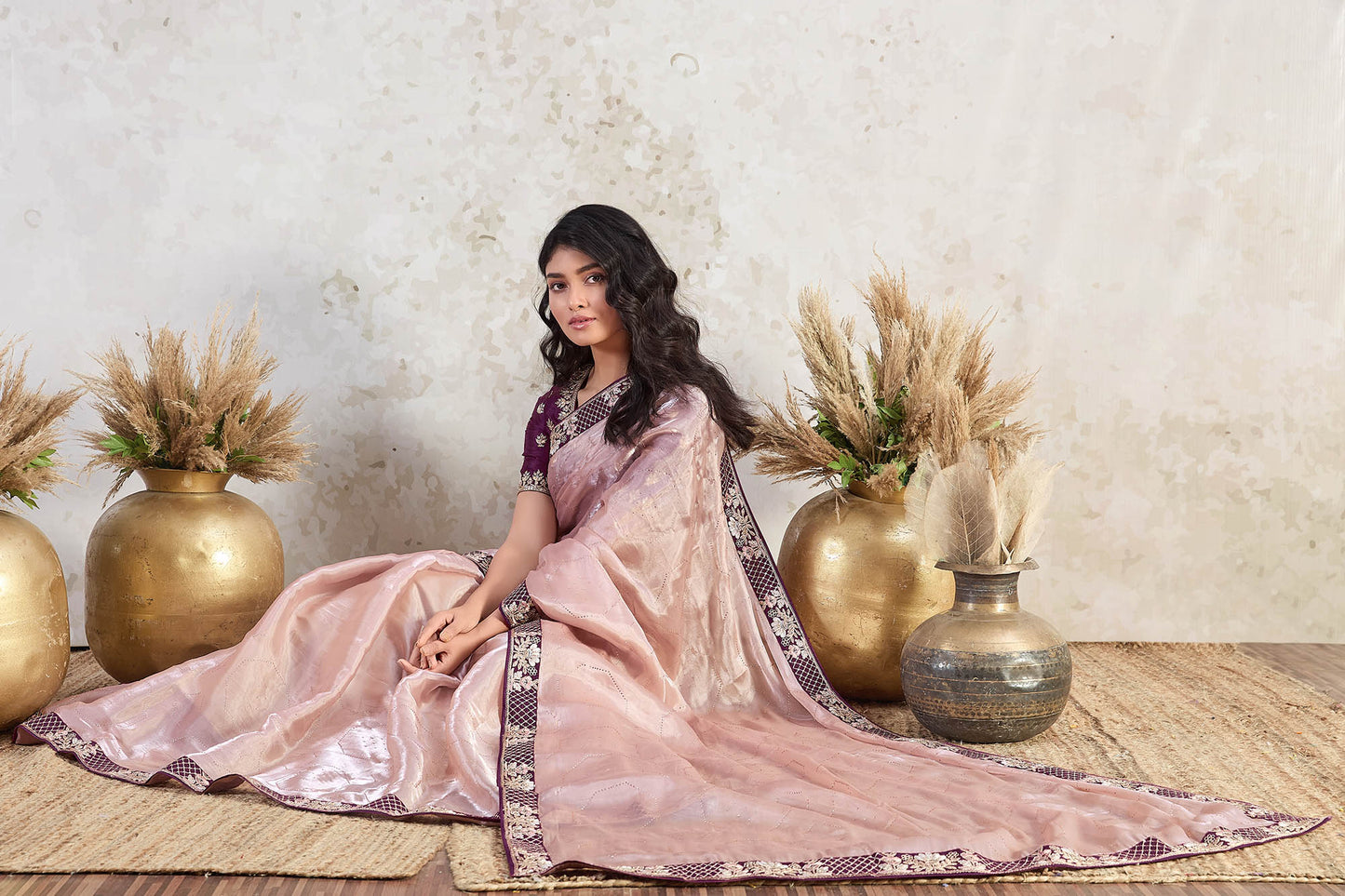 Light Peach Glass Tissue Ishkiya Silk Saree