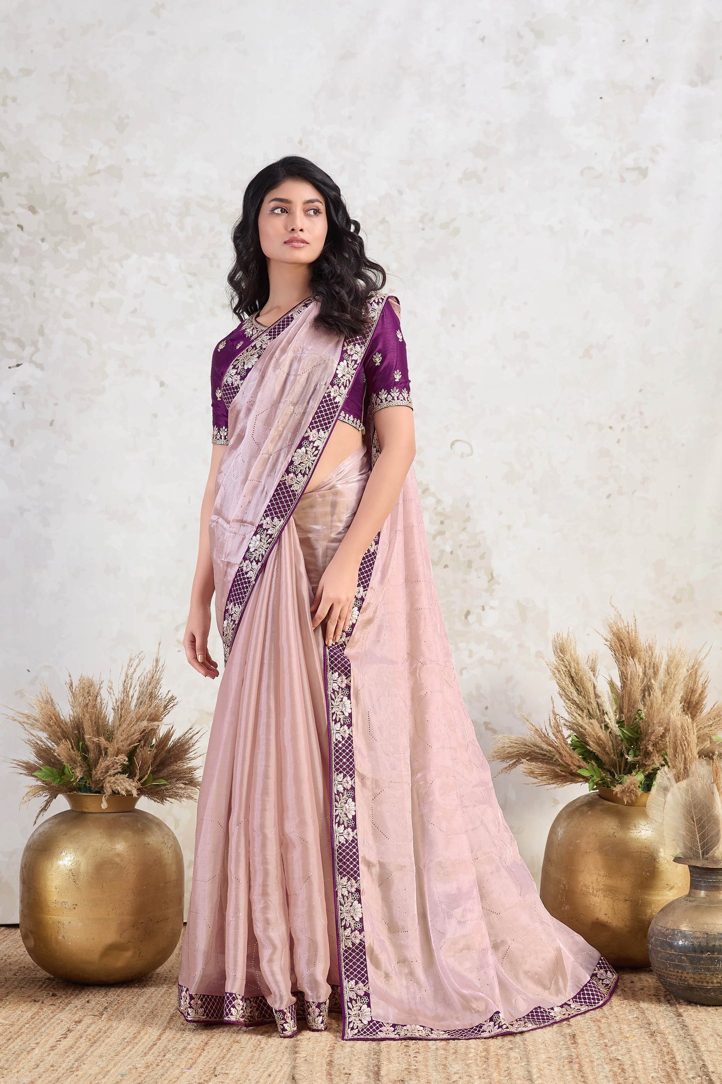 Light Peach Glass Tissue Ishkiya Silk Saree