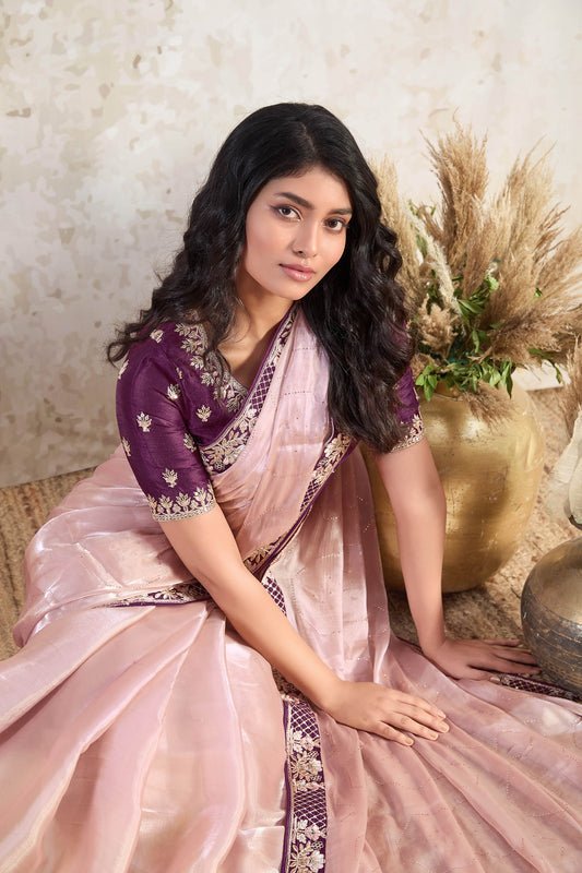 Light Peach Glass Tissue Ishkiya Silk Saree