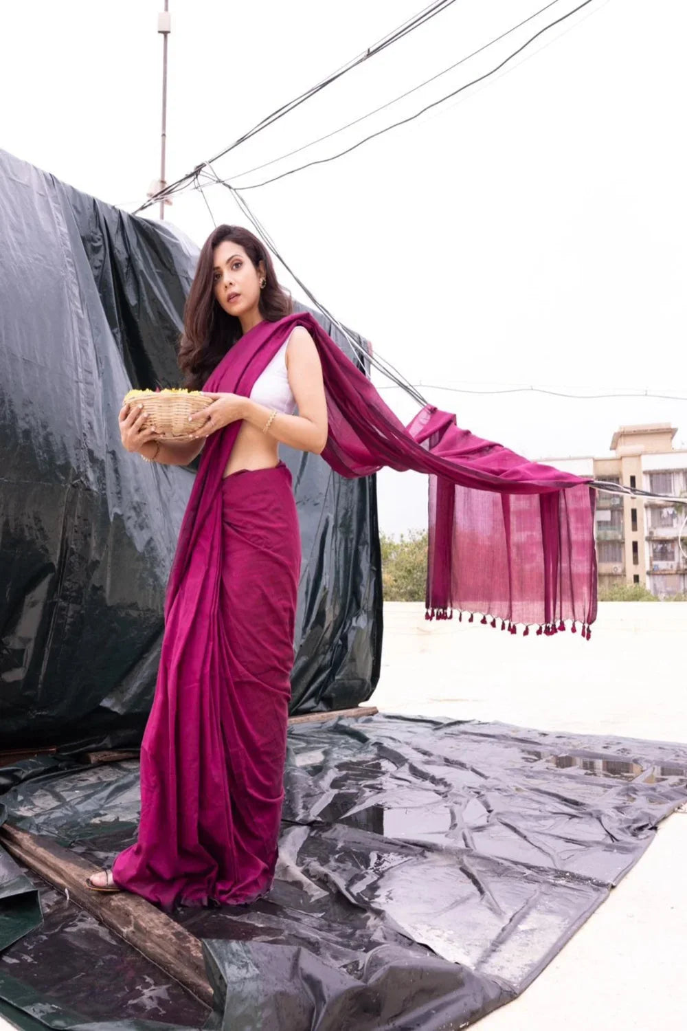 Handloom Wine Solid Colour Soft Cotton Saree With Tassels